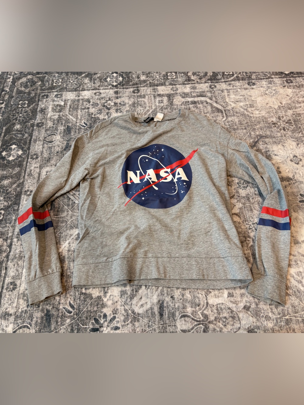 H&M Grey NASA Logo Sweatshirt with Red & Blue Sleeve Stripes